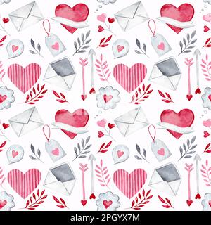 Nahtloses Aquarell-Muster auf weißem Hintergrund aus der VALENTINSTAG-Kollektion. Für Dekoration und Design. Süße Briefumschläge mit rosa Herzen, Arr Stockfoto