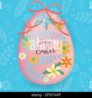 Grußkarte für ostern mit dekoriertem Ei mit Blumen, Ästen und Band Stock Vektor