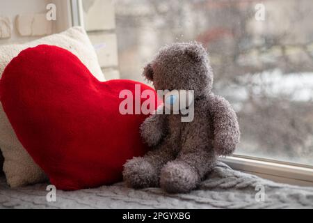 Ein grauer Teddybär sitzt am Fenster neben einem roten Kissen in Herzform in einer Wohnung Stockfoto