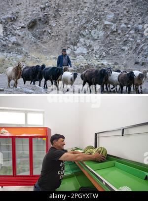 (230325) -- TAXKORGAN, 25. März 2023 (Xinhua) -- Dieses Kombi-Foto zeigt Duri Jarman, wie er am 16. November 2018 (oben) vor der Umsiedlung in die Berge des Taxkorgan Tajik Autonomous County heranfährt und Wassermelonen für den Verkauf in seinem Geschäft im Dorf Aimin am 24. Juni 2020 arrangiert. Das Leben des Hirten Duri Jarman ist eng mit zwei Orten verbunden: Dem Dorf AK Toga Langar, eingebettet tief in die Berge des Taxkorgan Tajik Autonomous County, und dem Dorf Aimin, das sich in der Nähe des Bezirkssitzes befindet. Duri, jetzt 52 Jahre alt, lebte 47 Jahre im Dorf AK Toga Langar. Im Winter 2018 war seine Familie B Stockfoto