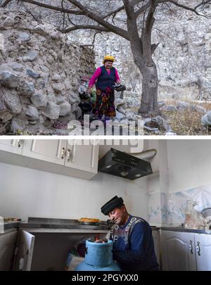 (230325) -- TAXKORGAN, 25. März 2023 (Xinhua) -- Dieses Kombi-Foto zeigt Nanik Kukan, Ehefrau von Duri Jarman, die Kohle zum Kochen im AK Toga Langar Village tief in den Bergen des Taxkorgan Tajik Autonomous County am 16. Nov. 2018 (oben) und Duri Jarman reparieren am 3. Juni 2020 den Flüssiggastank in seinem neuen Zuhause im Dorf Aimin. Das Leben des Hirten Duri Jarman ist eng mit zwei Orten verbunden: Dem Dorf AK Toga Langar, eingebettet tief in die Berge des Taxkorgan Tajik Autonomous County, und dem Dorf Aimin, das sich in der Nähe des Bezirkssitzes befindet. Duri, jetzt 52 Jahre alt, verbrachte 47 Jahre li Stockfoto
