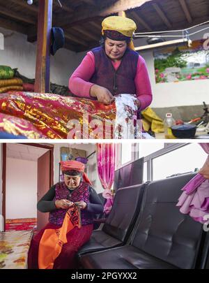 (230325) -- TAXKORGAN, 25. März 2023 (Xinhua) -- Dieses Kombi-Foto zeigt Nanik Kukan, Ehefrau von Duri Jarman, näht Kleidung für ihren Umzug im Dorf AK Toga Langar tief in den Bergen des Taxkorgan Tajik Autonomous County am 13. November 2018 (oben) und stickt in ihrem neuen Zuhause im Dorf Aimin am 3. Juni 2020. Das Leben des Hirten Duri Jarman ist eng mit zwei Orten verbunden: Dem Dorf AK Toga Langar, eingebettet tief in die Berge des Taxkorgan Tajik Autonomous County, und dem Dorf Aimin, das sich in der Nähe des Bezirkssitzes befindet. Duri, jetzt 52 Jahre alt, lebte 47 Jahre in AK Toga Stockfoto