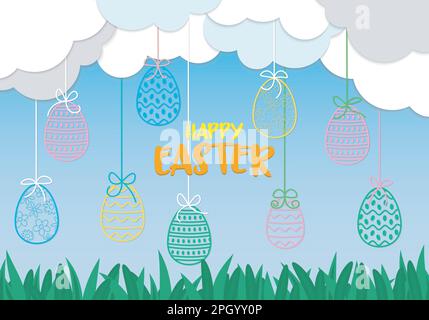 Grußkarte für ostern mit Landschaft, dekoriert mit papierfarbenen Feiertagseiern, grünem Gras und Wolken Stock Vektor