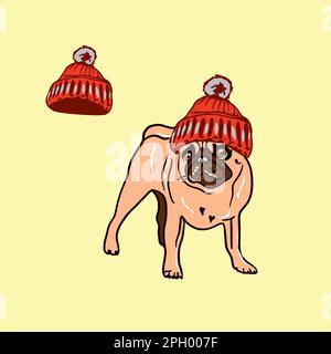 Puppy mit roter Strickmütze und Pompom. Vektordarstellung. Stock Vektor