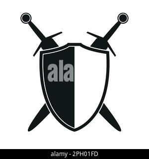 Schild mit zwei gekreuzten Schwertern Symbolsilhouette, Vektordarstellung eines mittelalterlichen Schwertes isoliert auf einem weißen Stock Vektor