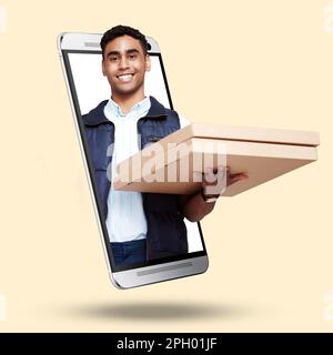Telefon-, Porträt- und Pizza-Liefer-App mit einem Mann auf dem Bildschirm im Studio vor einem cremefarbenen Hintergrund. Essen, Bestellung und E-Commerce mit einem Fast Food für Männer Stockfoto