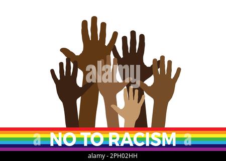 Nein zum Rassismus. Schluss mit Rassismus und Diskriminierung. Hände verschiedener Rassen. Vektor-Illustration mit Friedensfahne, Regenbogen Stock Vektor
