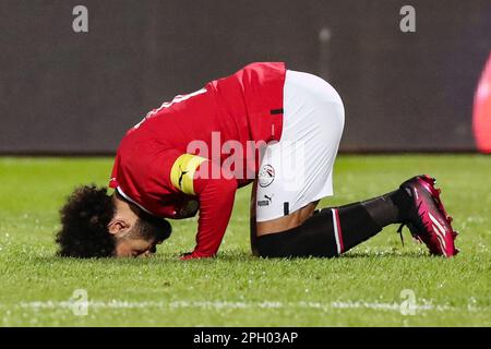 Kairo, Ägypten. 24. März 2023. Mohamed Salah aus Ägypten feiert nach einem Tor beim Qualifikationsspiel der Gruppe D des Africa Cup of Nations zwischen Ägypten und Malawi in Kairo, Ägypten, am 24. März 2023. Kredit: Ahmed Gomaa/Xinhua/Alamy Live News Stockfoto