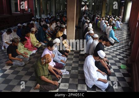 Kalkutta, Westbengalen, Indien. 25. März 2023. Während des heiligen Monats Ramadan in der Nakhoda-Moschee bieten muslimische Anhänger von Kalkutta Gebete an. (Kreditbild: © Sayantan Chakraborty/Pacific Press via ZUMA Press Wire) NUR REDAKTIONELLE VERWENDUNG! Nicht für den kommerziellen GEBRAUCH! Stockfoto