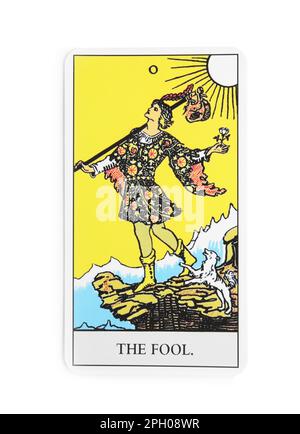 Die blöde Tarotkarte auf weißem Hintergrund, Draufsicht Stockfoto