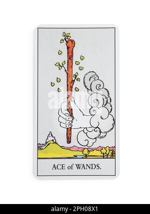 Die Tarotkarte „Ace of Wands“ auf weißem Hintergrund, Draufsicht Stockfoto