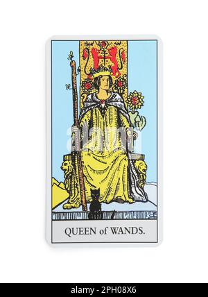 Die Tarotkarte „Queen of Wands“ auf weißem Hintergrund, Draufsicht Stockfoto