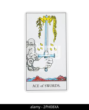 Die Tarotkarte „Ace of Swords“ auf weißem Hintergrund, Draufsicht Stockfoto