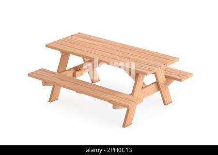 Picknicktisch aus Holz mit Bänken auf weißem Hintergrund. 3D-Rendering Stockfoto