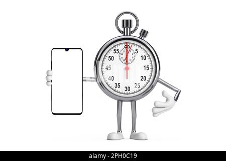 Modernes Personenkottchen mit Stoppuhr und modernem Mobiltelefon mit leerem Bildschirm für Ihr Design auf weißem Hintergrund. 3D-Rendering Stockfoto