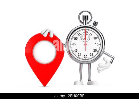 Modernes „Stop Watch“-Cartoon-Maskottchen mit roter Zielmarkierung auf weißem Hintergrund. 3D-Rendering Stockfoto