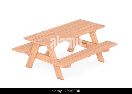 Picknicktisch aus Holz mit Bänken auf weißem Hintergrund. 3D-Rendering Stockfoto