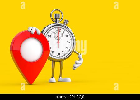 Modernes „Stop Watch“-Cartoon-Maskottchen mit roter Zielmarkierung auf gelbem Hintergrund. 3D-Rendering Stockfoto