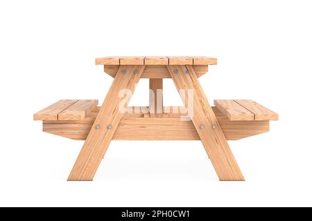 Picknicktisch aus Holz mit Bänken auf weißem Hintergrund. 3D-Rendering Stockfoto