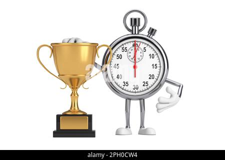 Modernes Figurenmaskottchen mit Stoppuhr und goldener Trophäe auf weißem Hintergrund. 3D-Rendering Stockfoto