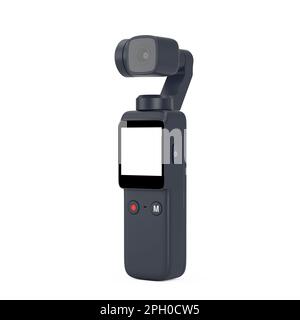 Handheld Gimbal Action-Kamera im Taschenformat auf weißem Hintergrund. 3D-Rendering Stockfoto