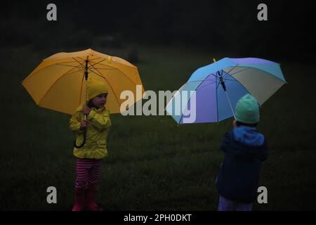 Niedliches Kleinkind, das an einem nebligen Herbsttag auf einer Straße im Regen mit Regenschirm spielt Stockfoto