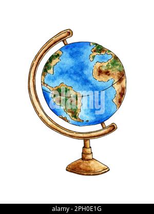 Aquarell-Darstellung einer blauen und grünen Erdkugel auf einer braunen Basis. Ein Objekt, Seitenansicht. Handmalerei. Ausgeschnittenes Clipart-Emblem für Design und d Stockfoto
