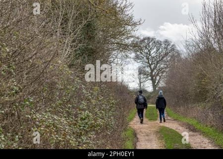 Ein Paar, das Anfang Frühling auf einer Norfolk-Landstraße spaziert. Teil des Snettisham Circular Walk. Stockfoto