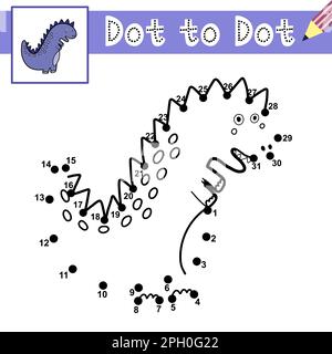 Verbinde die Punkte und zeichne einen süßen Dinosaurier. Punkt-zu-Punkt-Spiel mit Tyrannosaurus Rex Stock Vektor