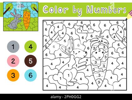 Spiel „Farbe nach Zahlen“ für Kinder. Malseite mit einem niedlichen Kaninchen und Karotten Stock Vektor