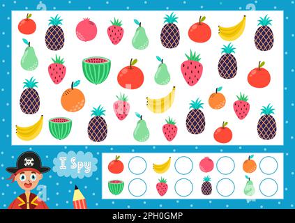 Ich sehe Spiele für Kinder. Früchte finden und zählen. Durchsucht das gleiche Vogelpuzzle nach Kindern Stock Vektor