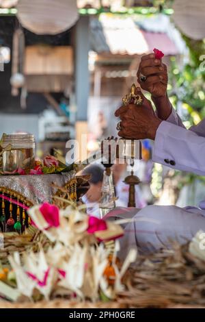 Balinesischer hinduistischer Priester Pemangku in Weiß mit einer Glocke (Bidschel) während der traditionellen Hochzeitszeremonie. Bali, Indonesien. Stockfoto