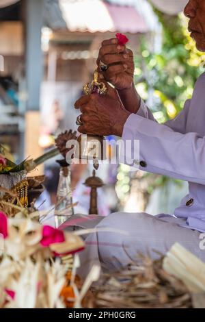 Balinesischer hinduistischer Priester Pemangku in Weiß mit einer Glocke (Bidschel) während der traditionellen Hochzeitszeremonie. Bali, Indonesien. Stockfoto