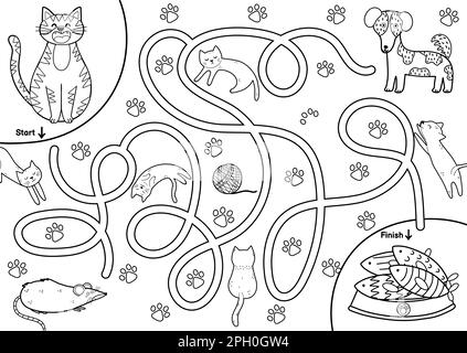 Schwarz-Weiß-Labyrinth-Spiel für Kinder. Hilf der süßen Katze, den Weg zum Fisch zu finden Stock Vektor