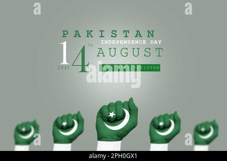 Pakistan Unabhängigkeitstag 14. August 1947 Poster mit Händen mit pakistanischer Flagge und grauem Hintergrund, lang lebe Pakistan Stockfoto