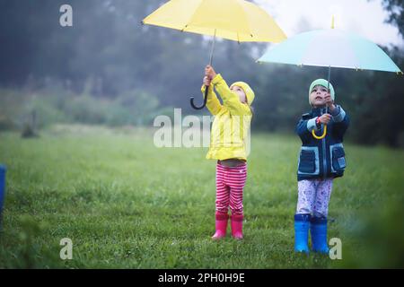 Niedliches Kleinkind, das an einem nebligen Herbsttag auf einer Straße im Regen mit Regenschirm spielt Stockfoto