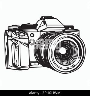 Fotokamera. Strichgrafiken-Vektorsymbol von Fotografiegeräten. Alte alte Filmkamera. Stock Vektor