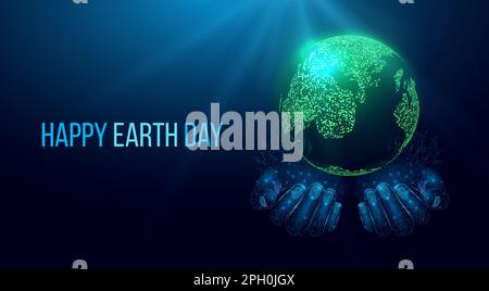 Happy Earth Day Konzept. Zwei menschliche Hände halten den Planeten Erde. Umweltschutz, Ökologisches Konzept. Futuristischer moderner abstrakter Hintergrund. Vec Stock Vektor
