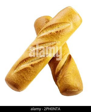 Zwei frische kleine Baguettes, isoliert auf weiß, ohne Schatten Stockfoto