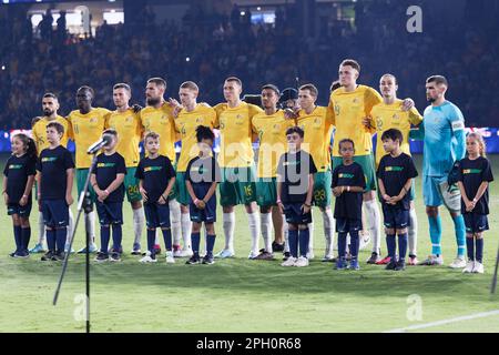 Die australischen Socceroos stellen sich vor dem Spiel zwischen Australien und Ecuador am 24. März 2023 im CommBank Stadium in Sydney, Australien, auf Stockfoto