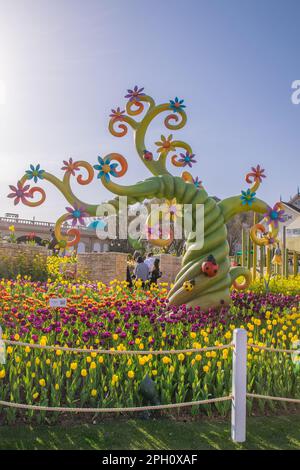 Wunderschöne Tulpenlandschaft im Four Seasons Garten von Everland Stockfoto