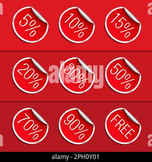Satz roter Aufkleber mit verschiedenen Rabatten, Vektor EPS10-Abbildung Stock Vektor