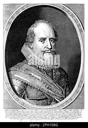 Maurice of Orange (1567-1625) war ein niederländischer Prinz und Militärführer, der eine Schlüsselrolle bei der niederländischen Revolte gegen die spanische Herrschaft und bei der Gründung der Vereinigten Provinzen der Niederlande spielte. Er gilt weithin als einer der größten Militärbefehlshaber der frühen Neuzeit, bekannt für seine innovative Taktik und strategische Vision. Maurice war maßgeblich an mehreren wichtigen Schlachten beteiligt, darunter der Belagerung von Leiden und der Schlacht von Nieuwpoort. Außerdem spielte er eine Schlüsselrolle bei der Gründung der Dutch East India Company und der Modernisierung der niederländischen Armee. Maurices Vermächtnis ist weiterhin feierlich Stockfoto