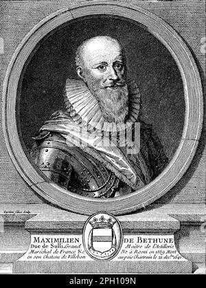 Maximilien de Bethune, Herzog von Sully (1560-1641), war ein französischer Staatsmann und enger Berater von König Heinrich IV Als Superintendent of Finances führte Sully Reformen zur Stabilisierung der französischen Wirtschaft durch, darunter die Senkung der königlichen Ausgaben und die Schaffung eines zentralisierten Steuersystems. Außerdem spielte er eine Schlüsselrolle bei der Förderung von Landwirtschaft und Industrie, beim Bau von Kanälen und Straßen und bei der Gründung der French East India Company. Sullys Vermächtnis als erfolgreicher Administrator und treuer Berater für Henry IV wird in Frankreich weiterhin gefeiert Stockfoto