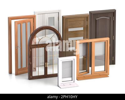 Fenster und Doora verschiedener Typen, isoliert auf weiß. 3D Abbildung Stockfoto
