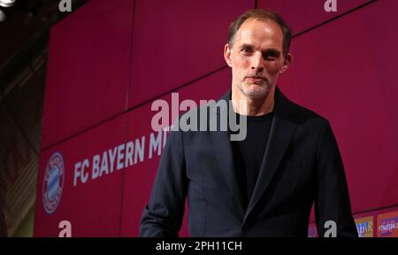 München, Deutschland. 25. März 2023. MÜNCHEN - MÄRZ 25: Vorstellung des neuen Cheftrainers Thomas Tuchel vom FC Bayern Munechen in der Allianz Arena am 25. März 2023 in München. Präsentation von Trainer Coach Thomas Tuchel von Bayern München in der Münchner Allianz Arena Fussball 1. Bundesliga Saison 2022 / 2023 © diebilderwelt / Alamy Live News Stockfoto