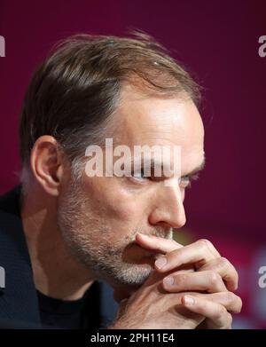 München, Deutschland. 25. März 2023. MÜNCHEN - MÄRZ 25: Vorstellung des neuen Cheftrainers Thomas Tuchel vom FC Bayern Munechen in der Allianz Arena am 25. März 2023 in München. Präsentation von Trainer Coach Thomas Tuchel von Bayern München in der Münchner Allianz Arena Fussball 1. Bundesliga Saison 2022 / 2023 © diebilderwelt / Alamy Live News Stockfoto