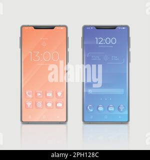 lcd-Bildschirm des mobilen Smartphones. Elegantes Handydesign. Smartphone-Telekommunikation. Symbole der Touchscreen-UI-App des Telefons. Digitale Technologie. Realistische Anzeige. Vektor-isolierte Geräte festgelegt Stock Vektor