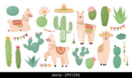 Lamas und Kakteen, süße Peru Party dekorative Cartoon isolierte Elemente Set. Amerikanische Naturkakteen, exotische schlafende und stehende Tiere, Sammelalbum-Ornamente. Komische Säugetiersammlung Stock Vektor