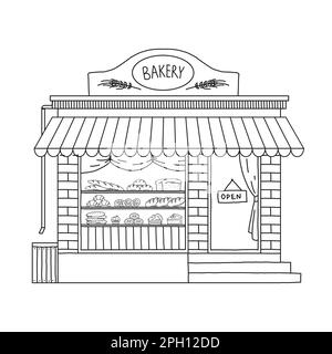 Bäckerei von außen, Desserts und Brot, Konditoreigebäude. Grafik für Marketing oder Einzelhandel, Vorderansicht des Supermarkts mit Fenster. Linienzeichnung. Schwarzweiß-Vektorskizzenbild Stock Vektor